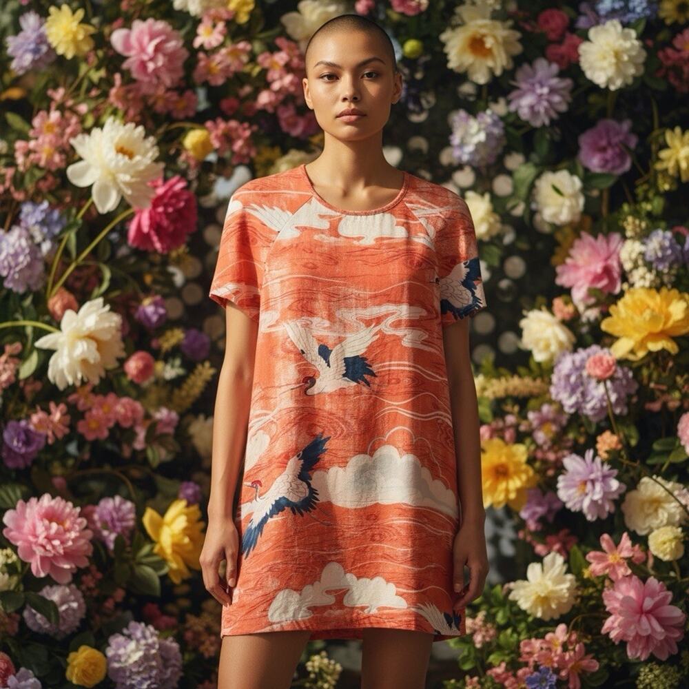 Zoologist Silk Dress Crane Print Orange Charlotte Linton Women's 8 100% Silk